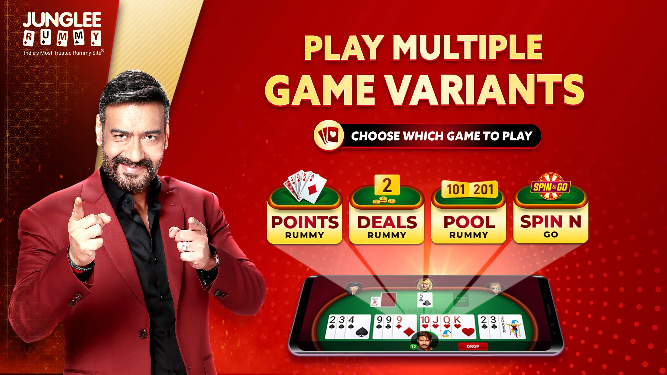 Junglee Rummy allows you to sharpen your skills and cardgaming strategies by playing free games and showcaseyour skills and expertise in cash games and tournaments towin huge cash prizes.